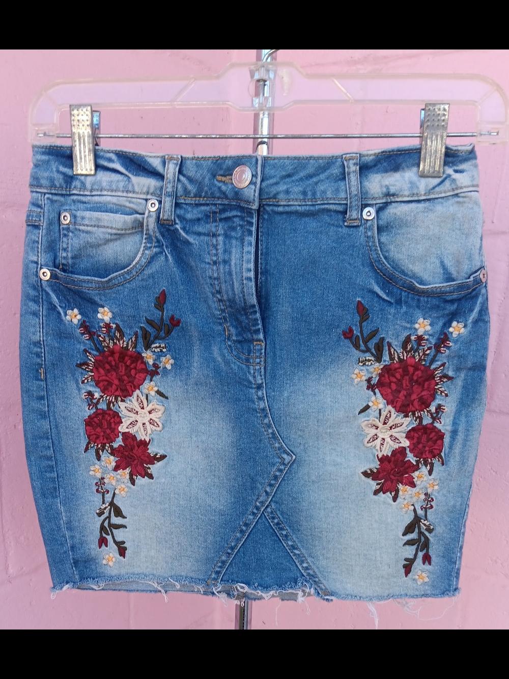 Parisian Works Denim Mini Skirt with Red Floral Embroidery